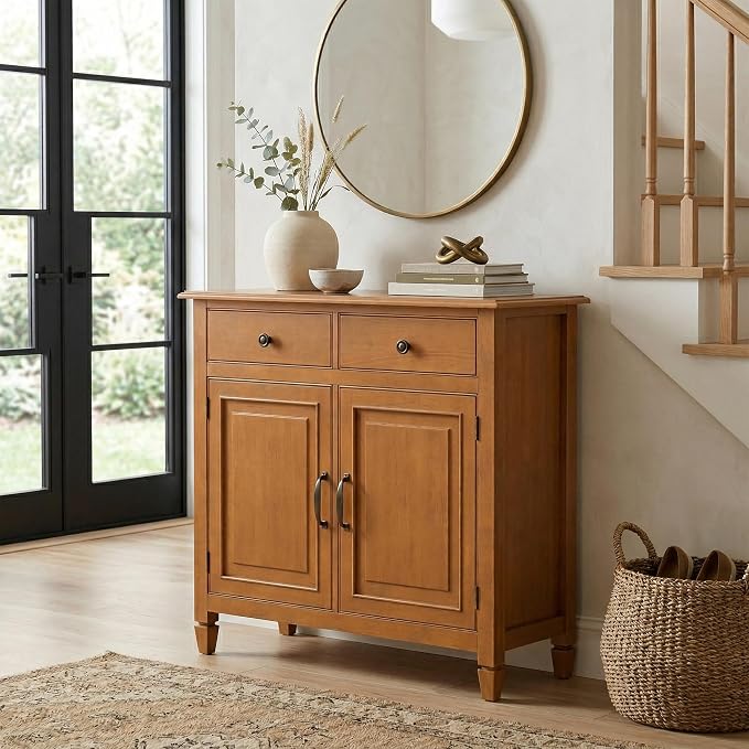 SIMPLIHOME Connaught 40" Solid Wood Cabinet in Light Golden Brown | Traditional slim entryway and living room organizer for hats, gloves, shoes and keys with space-saving storage design.