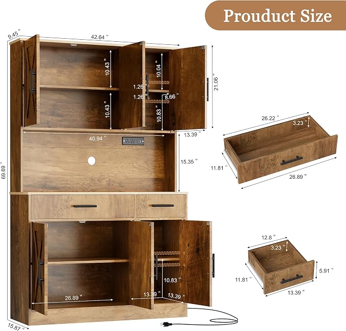 Shintenchi Pantry Cabinet with Charging Station, 70” Tall Kitchen Storage Cabinet with Microwave Stand, Storage Drawers & Adjustable Shelves, Large Capacity Kitchen Hutch for Dining Room, Brown