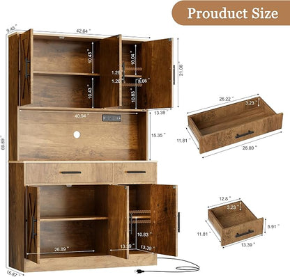 Shintenchi Pantry Cabinet with Charging Station, 70” Tall Kitchen Storage Cabinet with Microwave Stand, Storage Drawers & Adjustable Shelves, Large Capacity Kitchen Hutch for Dining Room, Brown