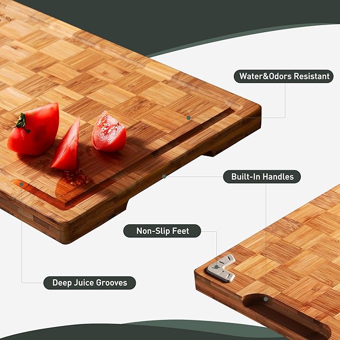 2 Pack Heavy Duty Bamboo Cutting Board Set Non Slip Over Sink Solid End Grain Thick Wood Chopping Board Extra Large Big Small Best Wooden Kitchen Essential New Home Housewarming Mother Gift