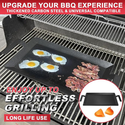 Universal Carbon Steel Griddle for Gas Grill, Stove top & Induction Cooktop | Griddle Pan Fits Versatile Stovetop Oven; Flat Top Plate for Charbroil Etc. All Gas & Charcoal Grill 24" x 10" with gloves