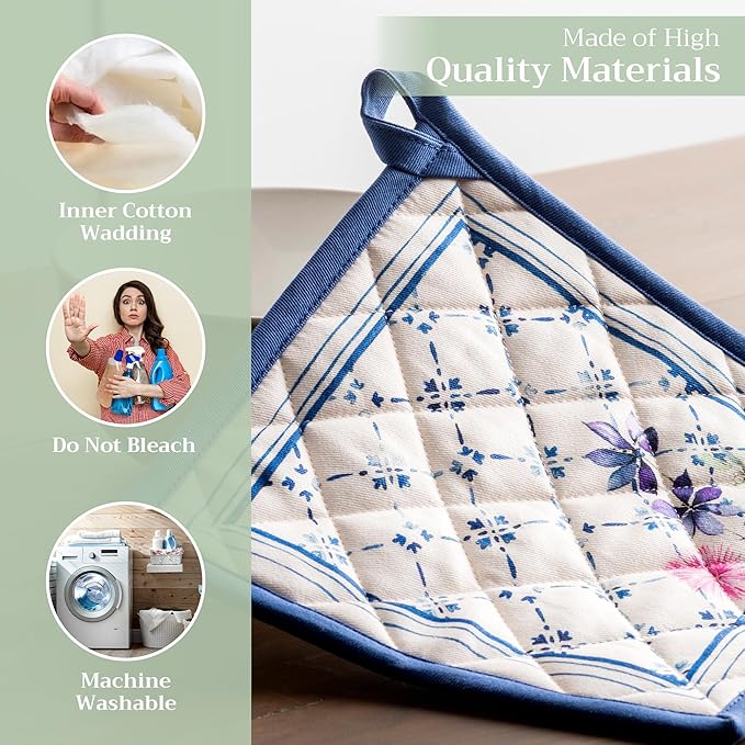 Maison d' Hermine Pot Holders 100% Cotton Heat Resistant Potholders 8" x 8" Hot Pads with Loop BBQ Cooking Baking Hotel Farmhouse Kitchen Handling Hot Pans Spring Summer (Pack of 1, Faience)