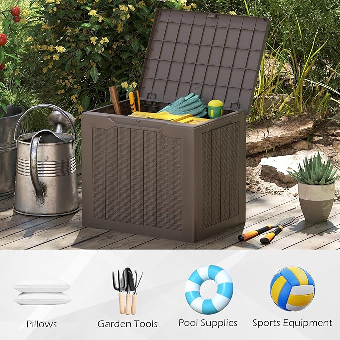 Giantex 25 Gallon Outdoor Storage Box, Patio Deck Box with Lockable Lid, Wicker-woven Texture, Waterproof Storage Bench for Pool Accessories, Garden Tools, Package Delivery, Patio Furniture (Brown)