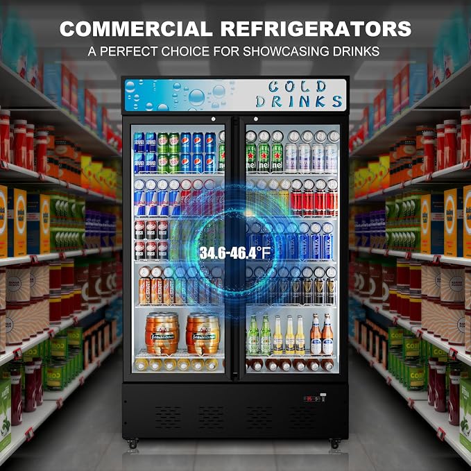 Commercial Display Refrigerator Glass Door 40 cu.ft Commercial Beverage Refrigerators with LED and Shelves for Cafe, Restaurant, Store
