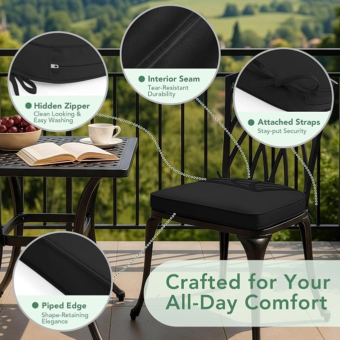 Outdoor Chair Cushions Set of 2: Waterproof & Fade Resistant Patio Furniture Cushions - 18.5 x 16 x 2 Inch Non Slip Round Corner Seat Cushion Pads with Removable Cover for Garden Yard Lawn, Black