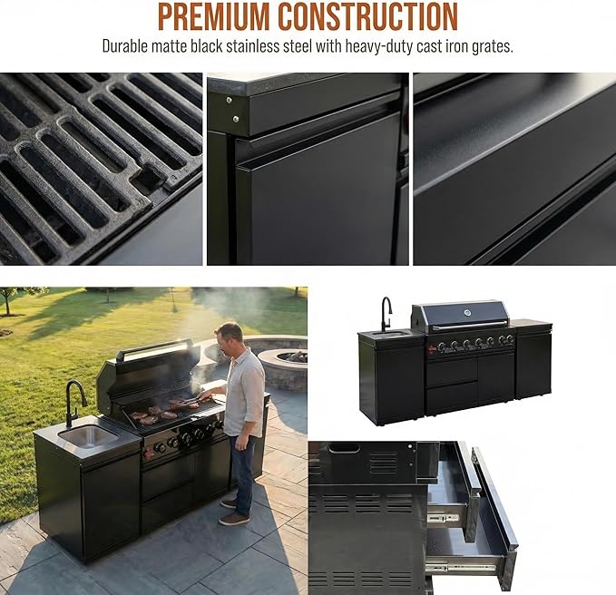 82" Outdoor Kitchen Island,6-Burner Propane Grill – Stainless Steel with Rotisserie Oven,Refrigerator,Granite Countertops & Sink.BBQ Grill Total 85,000 BTU.(Black,Propane)