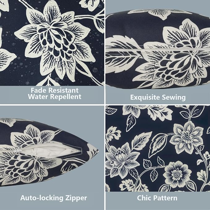 LVTXIII Outdoor Pillow Covers 20x20 Inch, 2 Pack Large Square Throw Pillow Cases, Fade-Resistant Cushion Covers for Patio Furniture Sofa, Garden Porch, Elegant Vines Navy