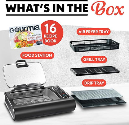 Gourmia Smokeless Indoor Grill - Air Fryer Combo with Smoke Extractor, 5 Cooking Presets, Grill, Air Fry, Roast, Bake, Dehydrate, Countertop Cooker, Glass Lid