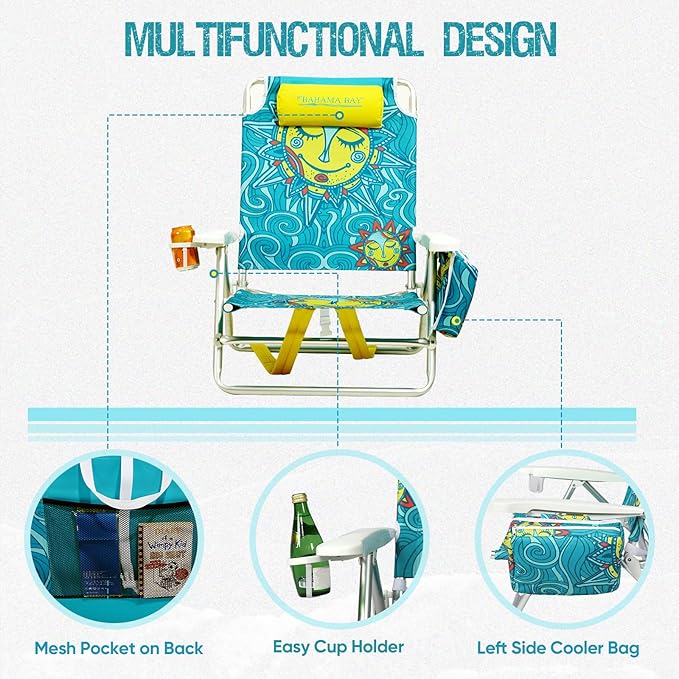 Old Bahama Bay Backpack Beach Chair, Aluminum Lightweight Reclining 5-Position Lounge Chair for Adults Heavy Duty Support 400 LBS Portable Folding with Cooler Bag Camping Chair for Sand Outdoor