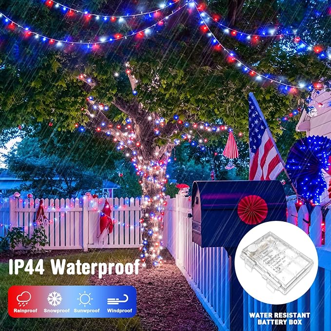 JMEXSUSS 2 Pack Red White and Blue Lights Outdoor, Each 33ft 100 LED | 4th of July Lights Battery Operated, 8 Modes Patriotic Decorations for Indoor outside Independence Day American Flag Holiday