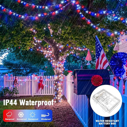 JMEXSUSS 2 Pack Red White and Blue Lights Outdoor, Each 33ft 100 LED | 4th of July Lights Battery Operated, 8 Modes Patriotic Decorations for Indoor outside Independence Day American Flag Holiday