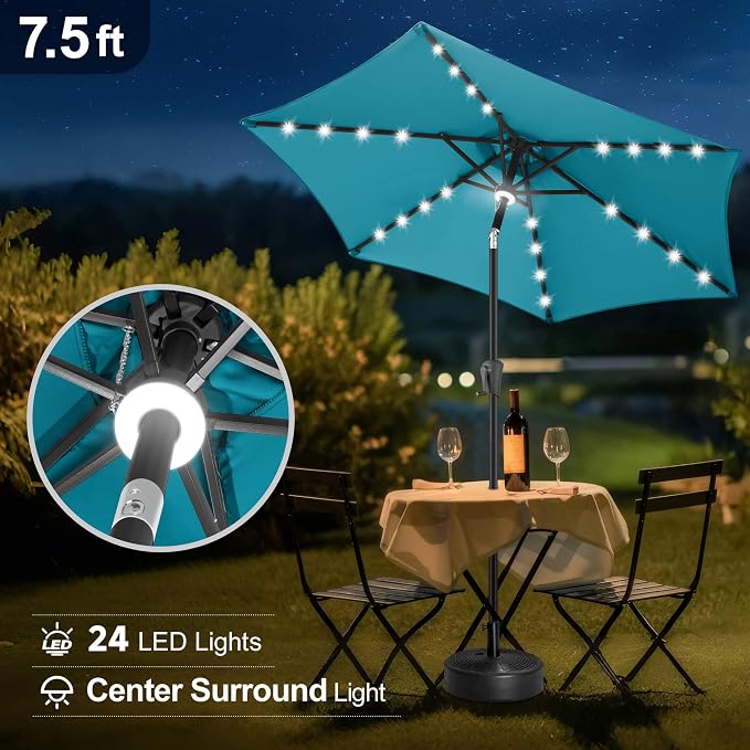 FLAME&SHADE Solar Patio Umbrella with Centre Light, 7.5 FT Aqua Blue | UV Protection, Small Solar Outdoor Umbrella for Porch, Deck, Backyard, Garden, Provides Evening Lighting, 24 LED Lights