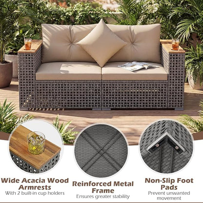 Tangkula 62.5" Large Patio Wicker Loveseat with Acacia Wood Armrests & Cup Holders, Outdoor 2-Piece Rattan Corner Sofa with Cushions, Sectional Conversation Set for Garden Backyard Porch Balcony