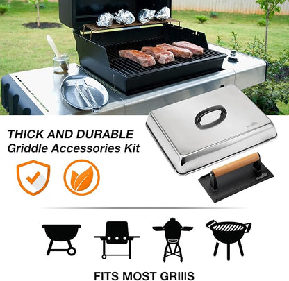 Stanbroil Melting Dome & Grill Press Kit Stainless Steel Basting Cover | Cheese Melting Dome with Cast Iron Burger Bacon Press for Flat Top Griddle Grill Indoor/Outdoor