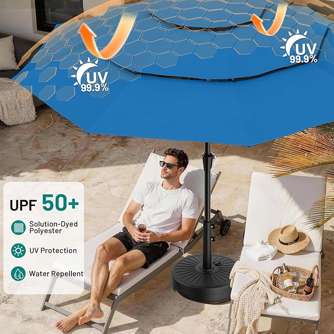 AreShark 9ft 3-Tier Patio Umbrellas, Outdoor Umbrella with 8 Sturdy Ribs UV Protection Windproof, Market Table Umbrella w/Push Button Tilt & Crank for Pool, Porch, Deck, Garden(Royal Blue)