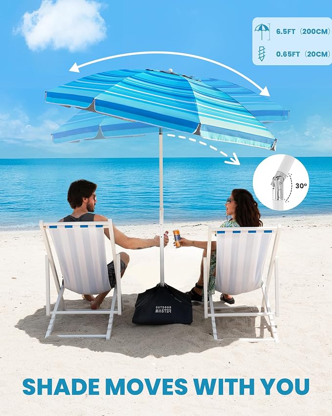OutdoorMaster 7.2ft Beach Umbrellas for Sand with Sandbag & Anchor | 7.2ft Adjustable Umbrella for Beach, Wind Resistant, Portable UPF50+ Sunshade with Carry Bag for Patio
