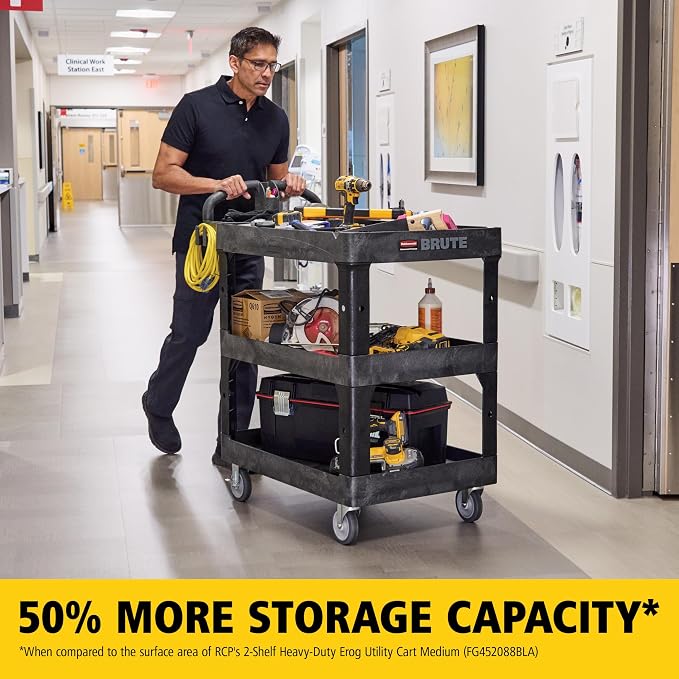 Rubbermaid Commercial Brute 3-Shelf Heavy-Duty Utility/Service Cart, Medium, High Storage, Lipped Shelves, Ergonomic Handle, 600 lb. Capacity, Ideal for Warehouse/Garage/Cleaning/Maintenance/Office