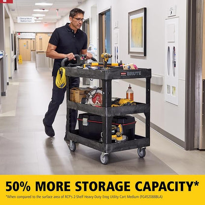 Rubbermaid Commercial Brute 3-Shelf Heavy-Duty Utility/Service Cart, Medium, High Storage, Lipped Shelves, Ergonomic Handle, 600 lb. Capacity, Ideal for Warehouse/Garage/Cleaning/Maintenance/Office