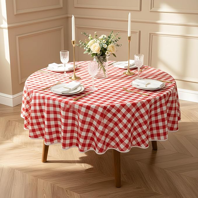 Red and White Gingham Tablecloth, Waterproof Outdoor Picnic Table Cover for Summer BBQ, Farmhouse Kitchen, Patio Dining, Reusable Machine Washable Checkered Table Cloth, 60" Round