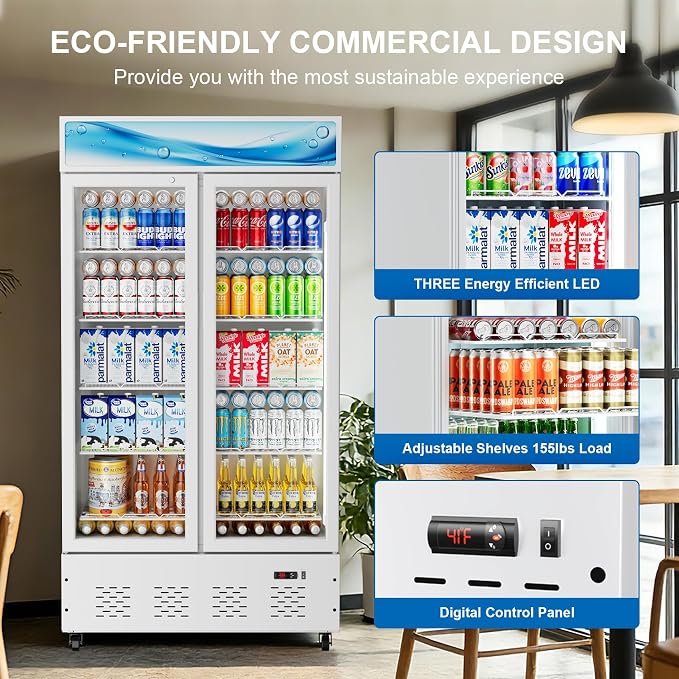 30 Cu.ft White Commercial Display Refrigerator,Glass Door Cooler Beverage Refrigerators with LED Light and 10 Shelves