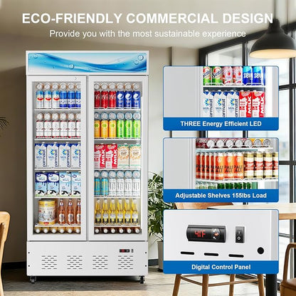 30 Cu.ft White Commercial Display Refrigerator,Glass Door Cooler Beverage Refrigerators with LED Light and 10 Shelves