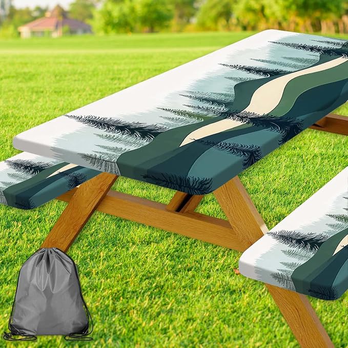 Picnic Table Cover with Bench Covers, Green Blue Camping Tablecloth Waterproof Windproof, Fitted Tablecloth Cover with Elastic Edge, for Indoor & Outdoor, Garden, Camping, 3 Pieces Set, 30x72 Inch