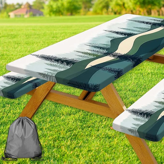 Picnic Table Cover with Bench Covers, Green Blue Camping Tablecloth Waterproof Windproof, Fitted Tablecloth Cover with Elastic Edge, for Indoor & Outdoor, Garden, Camping, 3 Pieces Set, 30x60 Inch