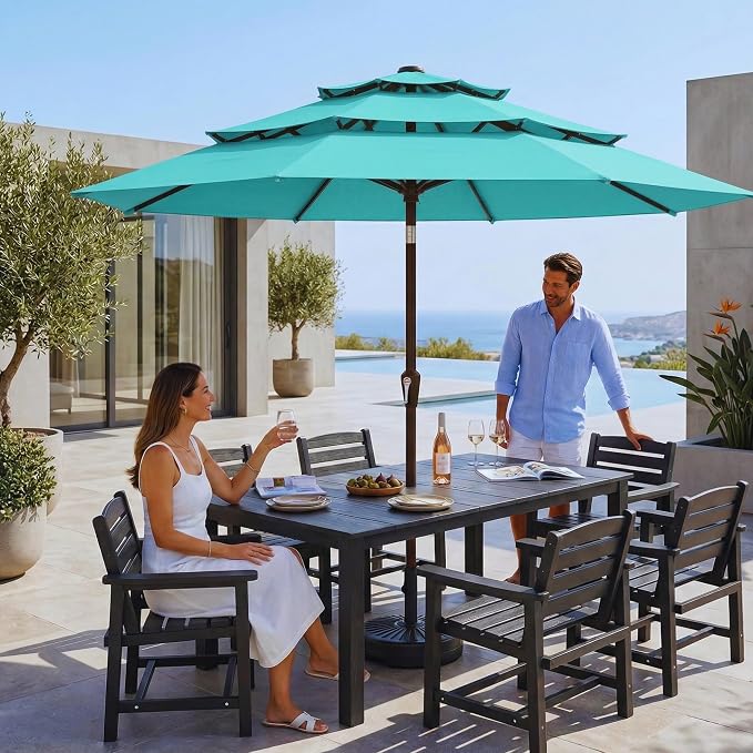 10ft 3 Tier Patio Umbrella, Outdoor Market Table Umbrella with UPF 50+ Vented Canopy, 8 Sturdy Ribs, Easy Push Button Tilt and Crank, Windproof for Deck, Pool, Backyard and Garden