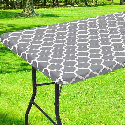 Smiry Picnic Fitted Table Cover, 6 Foot Flannel Backed Vinyl Tablecloth | Waterproof Elastic Stretch Table Cloth, Wipeable Plastic Tablecloth for Camping, Indoor & Outdoor (Grey, 24" x 72")