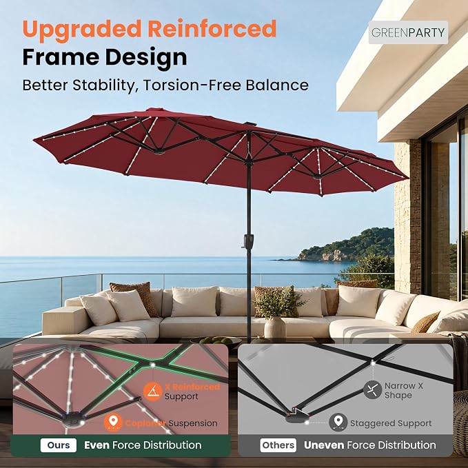 GREEN PARTY 13ft Patio Umbrella with Led Lights, Rectangle Outdoor Umbrella | 12-Mode Solar Lights, Double-Sided Rectangular table Umbrella, Large Shade for Backyard Deck Poolside, Burgundy(No Base)