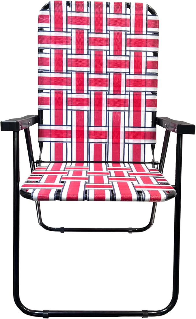 Lawn Chair Folding Steel Webbing Chaise Patio Lounger Seat Wood Handles Great for Camping, Beach, Fishing, Backyard, Stadium, Pool, Boating, and Sports 4 Pack Red/Blue