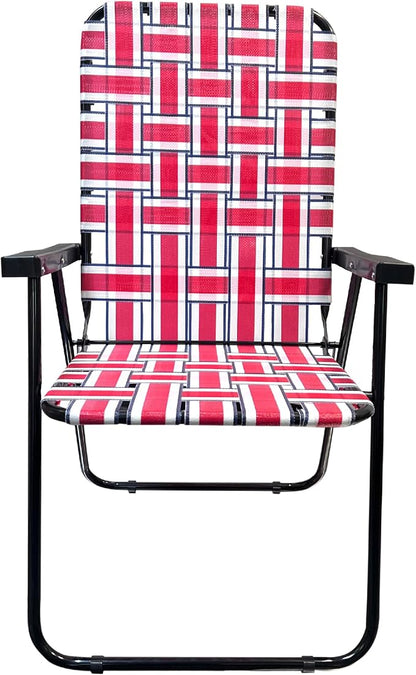 Lawn Chair Folding Steel Webbing Chaise Patio Lounger Seat Wood Handles Great for Camping, Beach, Fishing, Backyard, Stadium, Pool, Boating, and Sports 4 Pack Red/Blue