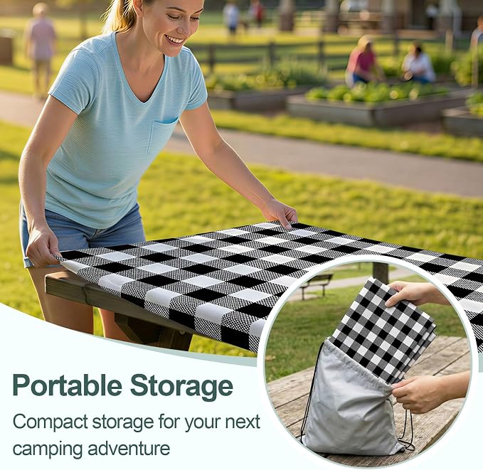 Picnic Table Cover Bench Covers Camping Essentials Tablecloth | Waterproof Vinyl for Outdoor, Windproof Elastic Fitted Edges, RV BBQ Accessories Must Haves, Storage Bag Included