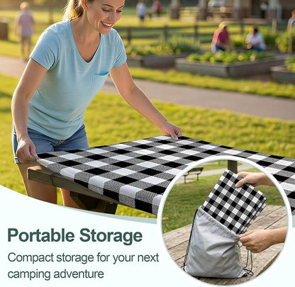 Picnic Table Cover Bench Covers Camping Essentials Tablecloth | Waterproof Vinyl for Outdoor, Windproof Elastic Fitted Edges, RV BBQ Accessories Must Haves, Storage Bag Included