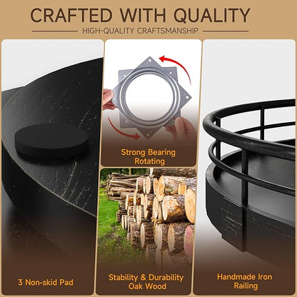 AMH 9-Inch Oak Lazy Susan Vanity Tray with Black Brush Gold Metal Frame | Smooth rotating oak tray with walnut finish for dining tables, kitchen counters, pantries and cabinet storage.