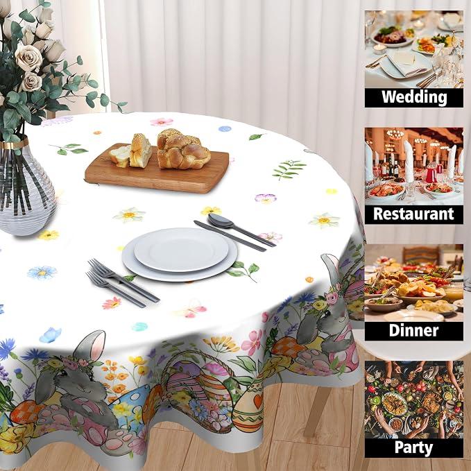 Sweetshow Easter Bunny Eggs Table Cloth Round Colorful Flower Leaves Tablecloth 70 Inch Decor Washable Stain and Wrinkle Spring Floral Round Table Cover for Dining Picnic