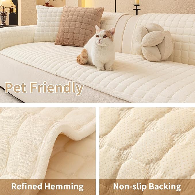 Velvet Couch Covers for Dogs, Dog Sectional Couch Covers, Pet Couchs Cover for Large Sectional, Couchs Protector for Dogs, Sectional Sofa Cover for Pet Washable(1PC,Beige White,27.6"×94.4")