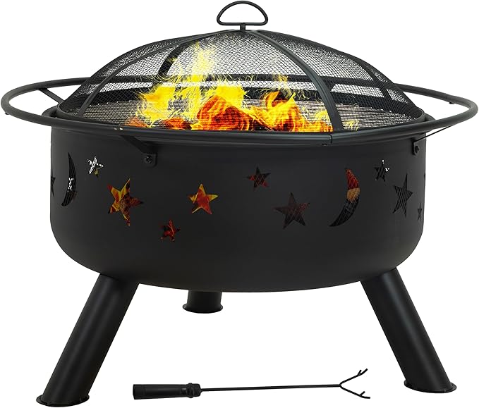 Sunnydaze Cosmic 30-Inch Outdoor Fire Pit with Grill Grate, Spark Screen, and Fireplace Poker - Round Steel Metal Wood-Burning Outside Firepit for Patio, Backyard, Porch, Deck - Bronze