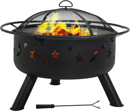 Sunnydaze Cosmic 30-Inch Outdoor Fire Pit with Grill Grate, Spark Screen, and Fireplace Poker - Round Steel Metal Wood-Burning Outside Firepit for Patio, Backyard, Porch, Deck - Bronze