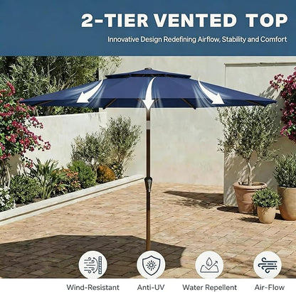 Patio Umbrella, 2 Tier Outdoor Table Umbrella, Large Vented Market Umbrellas with Push Button Tilt and Crank, 8 Sturdy Ribs for Backyard, Deck, Pool, UPF50+ UV Protection
