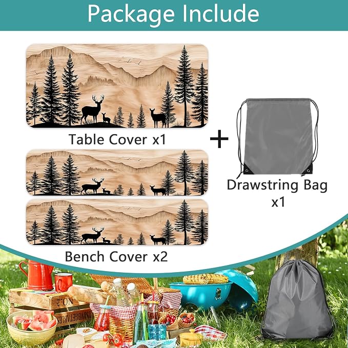 Picnic Table Cover with Bench Covers Camping Essentials Rustic Hunting Deer Forest Waterproof Windproof Camping Tablecloth Fitted Tablecloth Cover with Elastic Edge for Indoor Outdoor 3 PCS 30x96 Inch