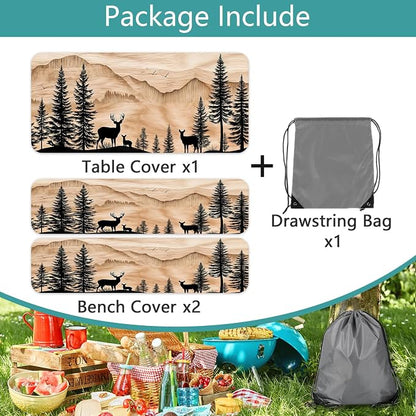 Picnic Table Cover with Bench Covers Camping Essentials Rustic Hunting Deer Forest Waterproof Windproof Camping Tablecloth Fitted Tablecloth Cover with Elastic Edge for Indoor Outdoor 3 PCS 30x96 Inch