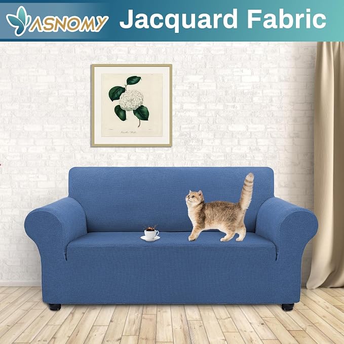Asnomy Stretch Couch Covers Washable, loveseat Cover Slipcovers,River Blue | 1-Piece Sofa Cover(55"-78") loveseat cover Furniture Protector Soft Jacquard,Non-Slip Elastic Bottom for Dogs & Kids