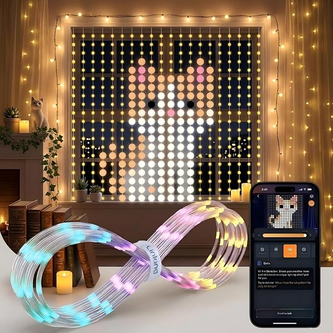 Linkind Smart Curtain Lights - APP Control, AI Pattern GIF Display, Works with Alexa Google Home, 400 LEDs Color Changing Lights Outdoor Indoor Fourth of July American Flag Lights, 4.9×4.5ft