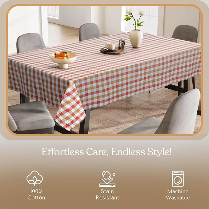 Gingham Cotton Tablecloth 60"x84", Rustic Farmhouse Style, Reusable & Washable, Indoor Outdoor Dining Table Cover for Events, Everyday Use - Rust, Khaki, Natural