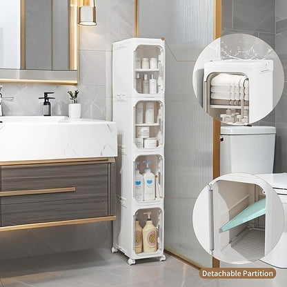 LXLXXL 4-Tier Narrow Storage Cabinet Slim Bathroom Storage Cabinet with Movable Wheels Tall Bathroom Organizer Skinny Cabinet for Small Spaces，White