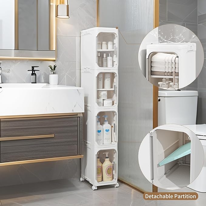 LXLXXL Narrow Storage Cabinet Slim Bathroom Storage Cabinet with Movable Wheels Tall Bathroom Organizer Skinny Cabinet for Small Spaces，2-Tier White