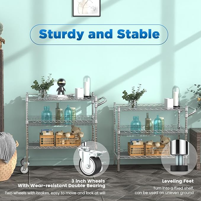 Leteuke 3 Tier Rolling Carts with Wheels, Heavy Duty Rolling Utility Cart | NSF Commercial Grade Metal Cart with Handle&Shelf Liner,Trolley Serving Cart for Kitchen,Restaurant,Plant Display,Chrome