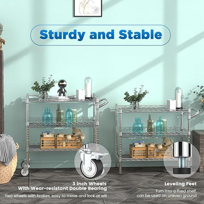 Leteuke 3 Tier Rolling Carts with Wheels, Heavy Duty Rolling Utility Cart | NSF Commercial Grade Metal Cart with Handle&Shelf Liner,Trolley Serving Cart for Kitchen,Restaurant,Plant Display,Chrome