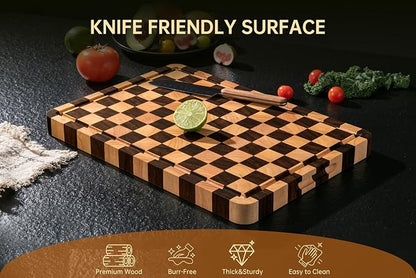 Cutting Boards for Kitchen, Checkered Cutting Board, 1.2" Thick | 16.5" x 11.6" Walnut Wood Chopping Board with Juice Groove&Handle, Double-sided Butcher Block for Prep&Serving with Gift Box
